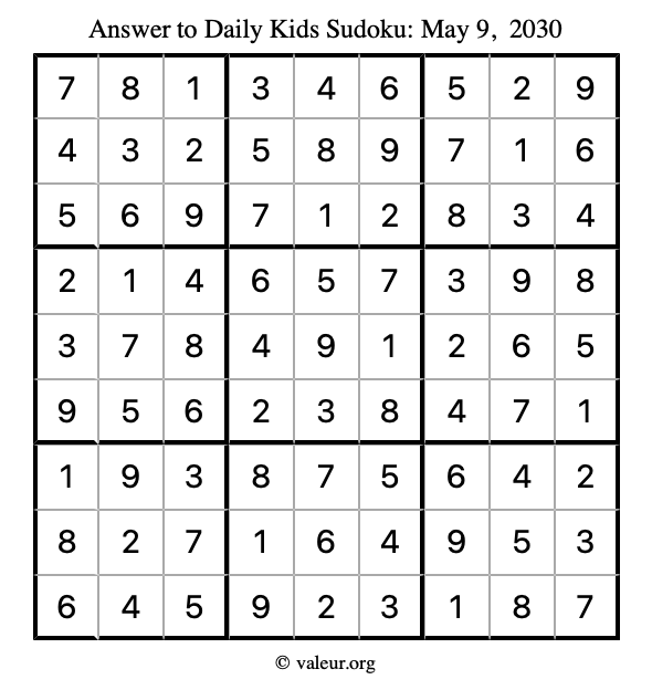 Answer to kids sudoku May 9, 2030
