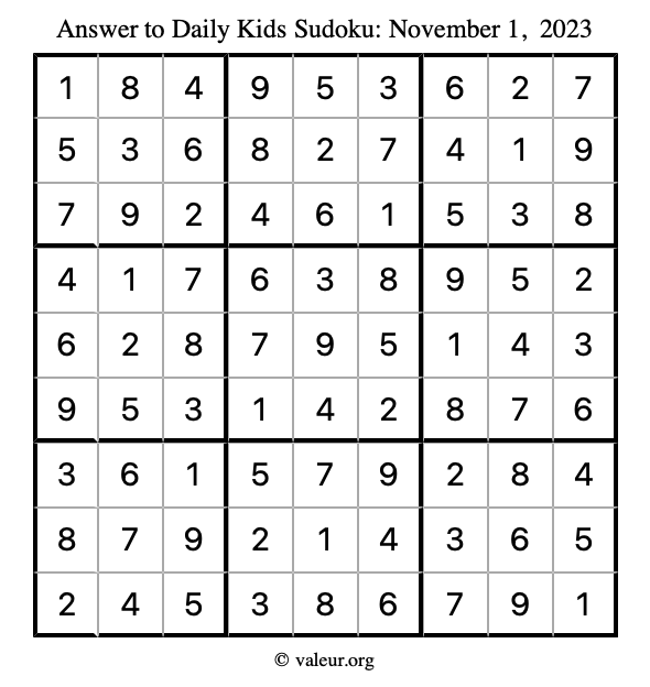 Answer to kids sudoku November 1, 2023