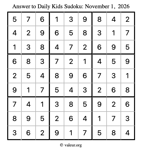 Answer to kids sudoku November 1, 2026