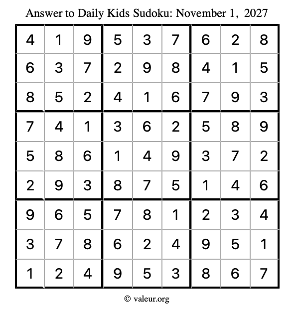 Answer to kids sudoku November 1, 2027