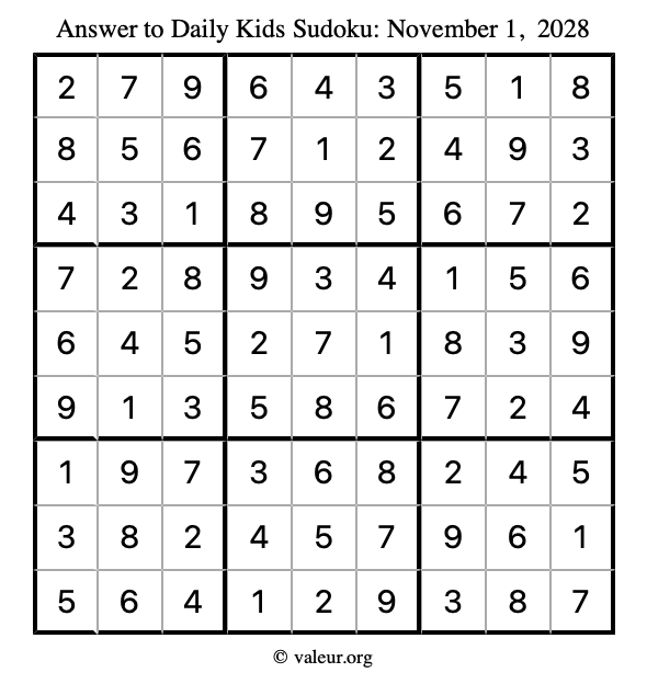 Answer to kids sudoku November 1, 2028