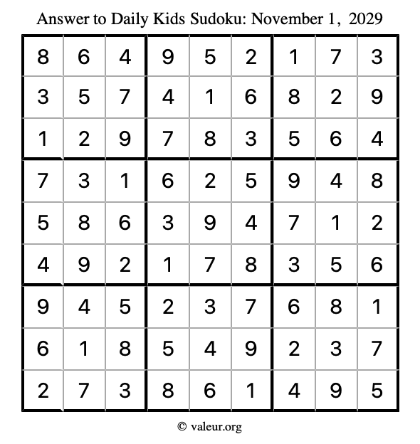 Answer to kids sudoku November 1, 2029