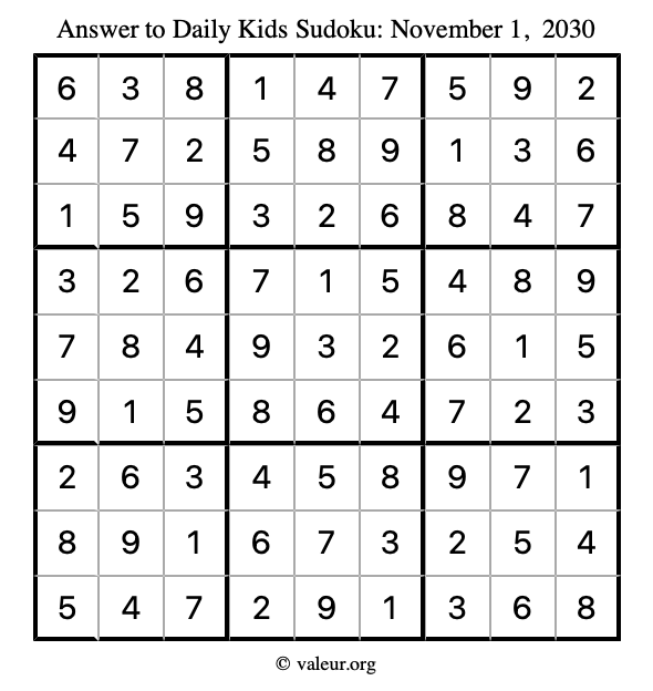 Answer to kids sudoku November 1, 2030