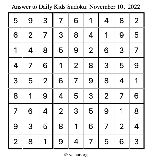 Answer to kids sudoku November 10, 2022