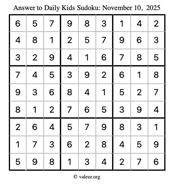 Answer to kids sudoku November 10, 2025