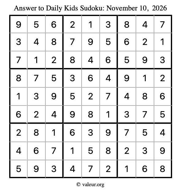 Answer to kids sudoku November 10, 2026