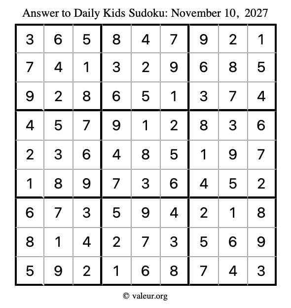 Answer to kids sudoku November 10, 2027