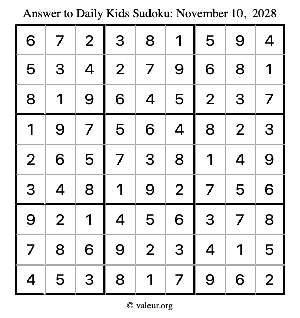 Answer to kids sudoku November 10, 2028
