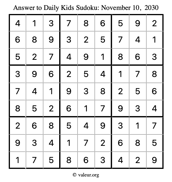 Answer to kids sudoku November 10, 2030