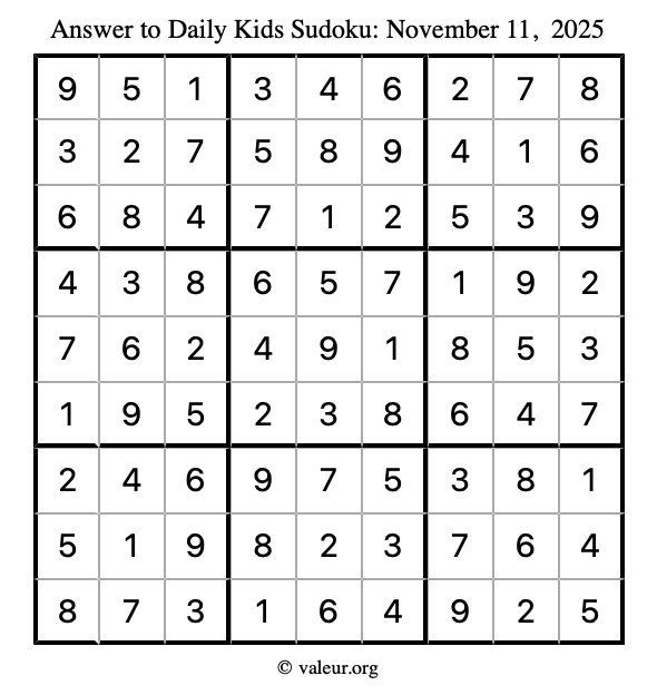 Answer to kids sudoku November 11, 2025
