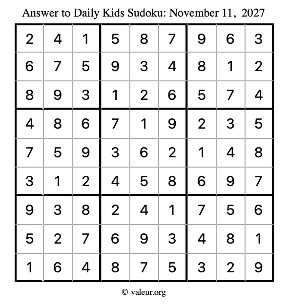 Answer to kids sudoku November 11, 2027