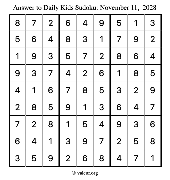 Answer to kids sudoku November 11, 2028