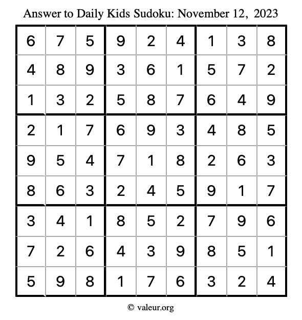 Answer to kids sudoku November 12, 2023