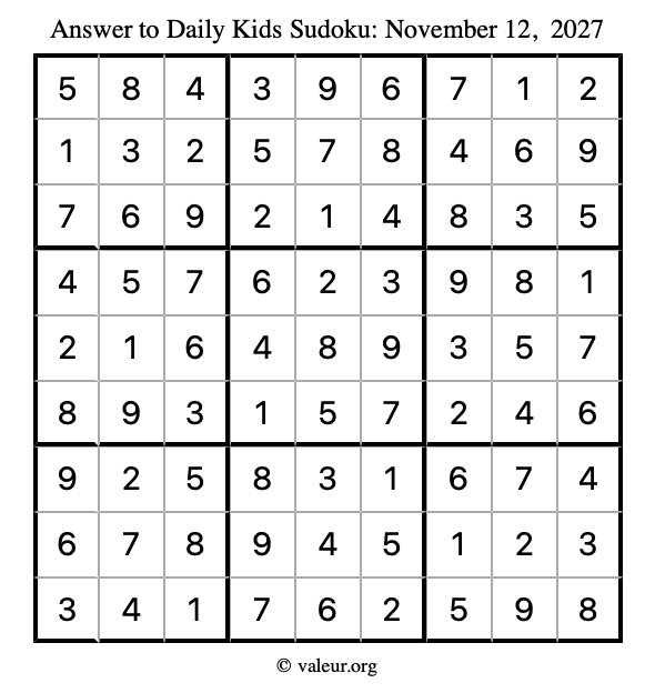 Answer to kids sudoku November 12, 2027