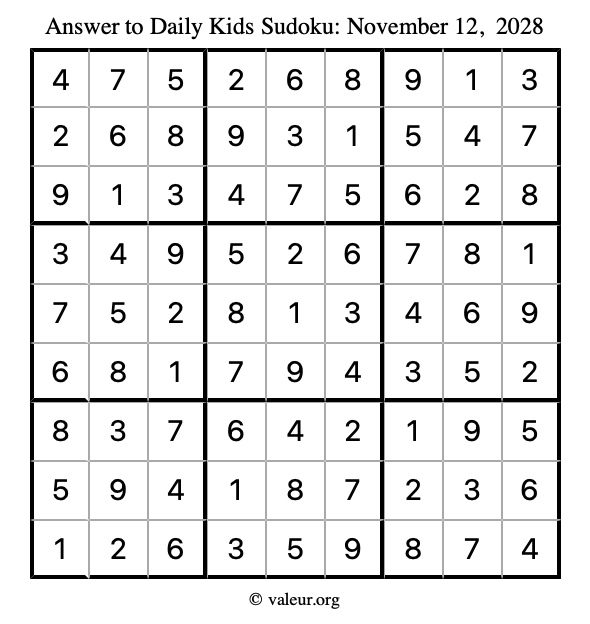 Answer to kids sudoku November 12, 2028