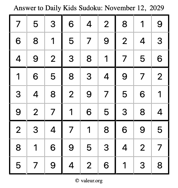 Answer to kids sudoku November 12, 2029