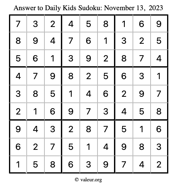 Answer to kids sudoku November 13, 2023