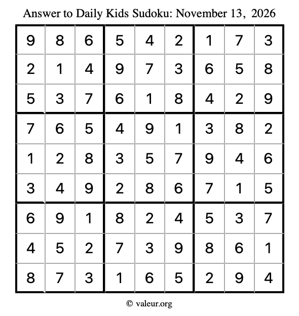 Answer to kids sudoku November 13, 2026