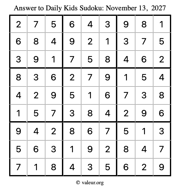 Answer to kids sudoku November 13, 2027
