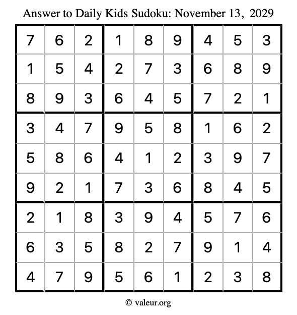 Answer to kids sudoku November 13, 2029