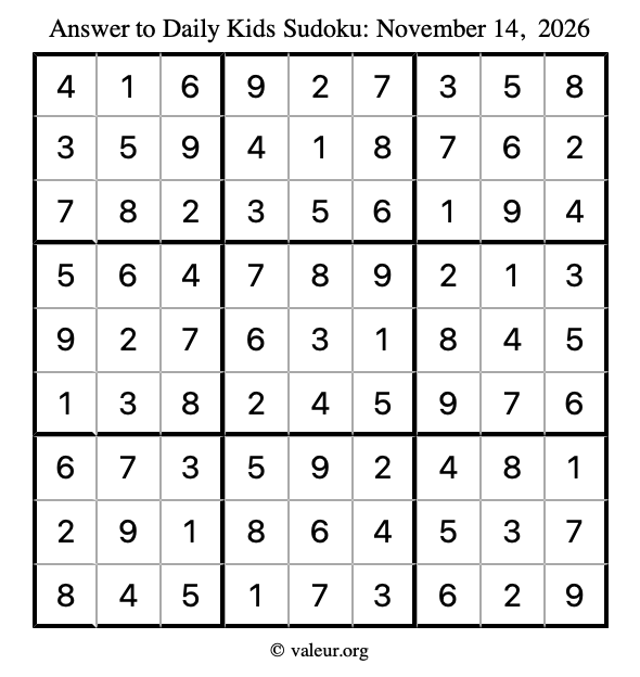Answer to kids sudoku November 14, 2026