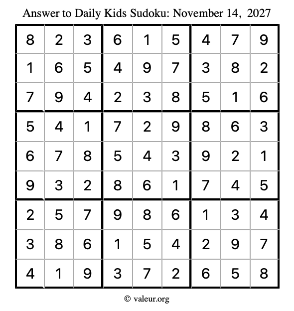 Answer to kids sudoku November 14, 2027