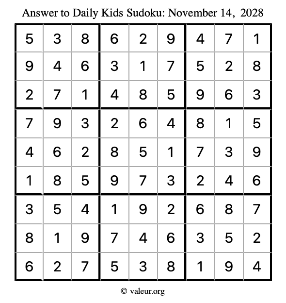 Answer to kids sudoku November 14, 2028