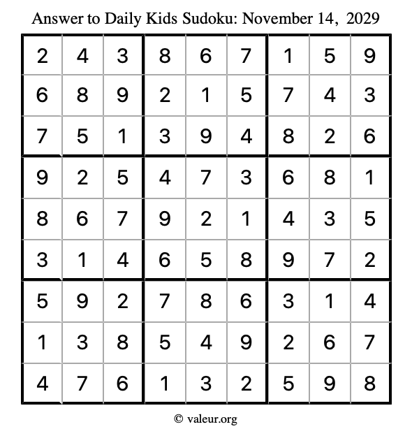 Answer to kids sudoku November 14, 2029