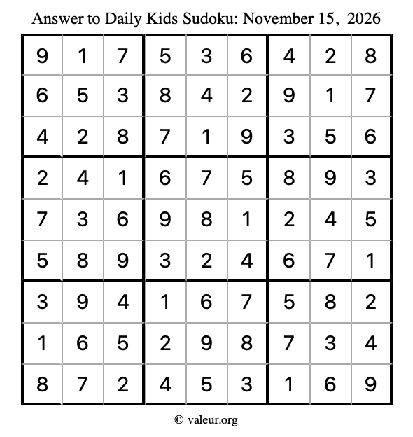 Answer to kids sudoku November 15, 2026