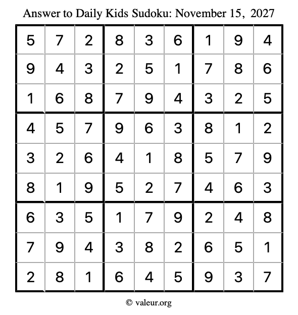 Answer to kids sudoku November 15, 2027