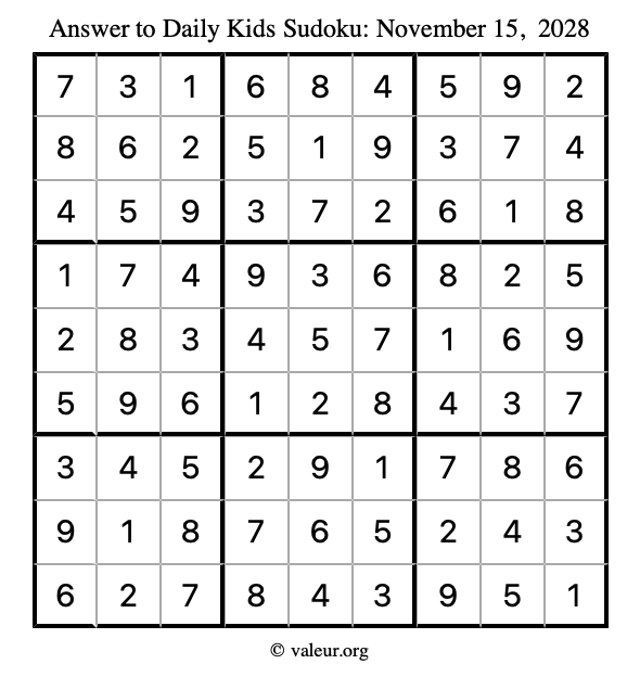 Answer to kids sudoku November 15, 2028