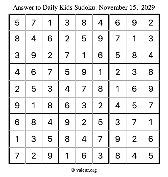 Answer to kids sudoku November 15, 2029