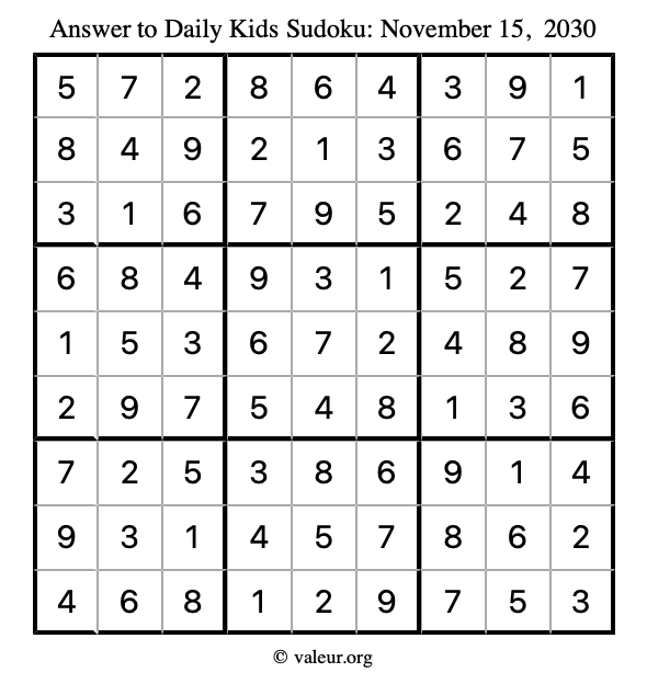 Answer to kids sudoku November 15, 2030
