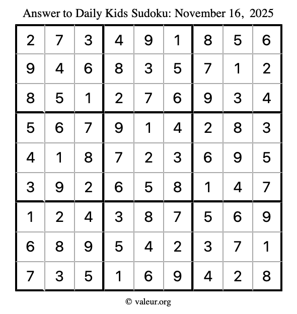 Answer to kids sudoku November 16, 2025