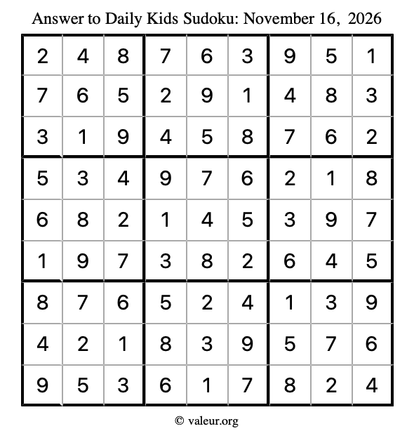 Answer to kids sudoku November 16, 2026