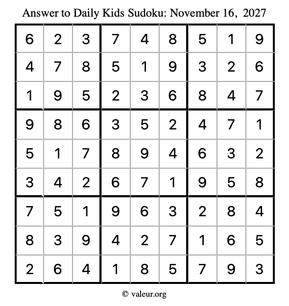 Answer to kids sudoku November 16, 2027