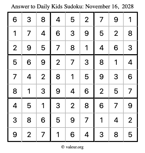 Answer to kids sudoku November 16, 2028