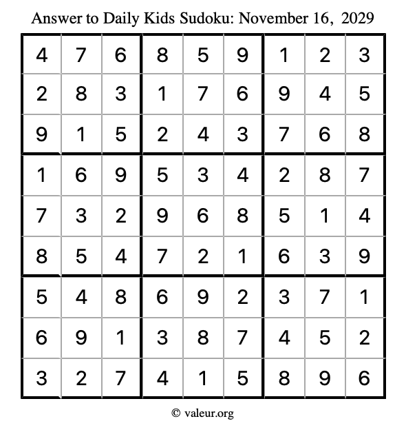Answer to kids sudoku November 16, 2029