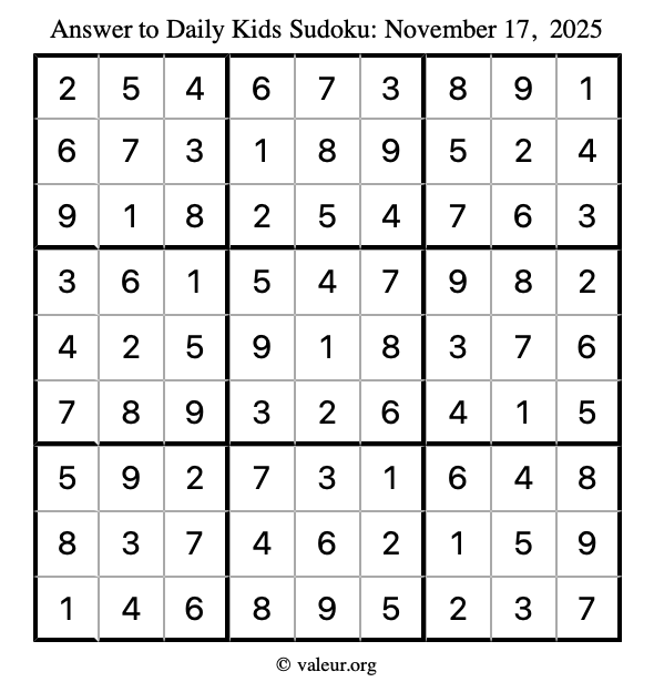 Answer to kids sudoku November 17, 2025