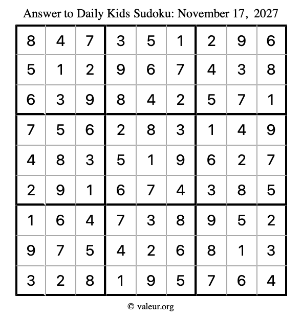 Answer to kids sudoku November 17, 2027