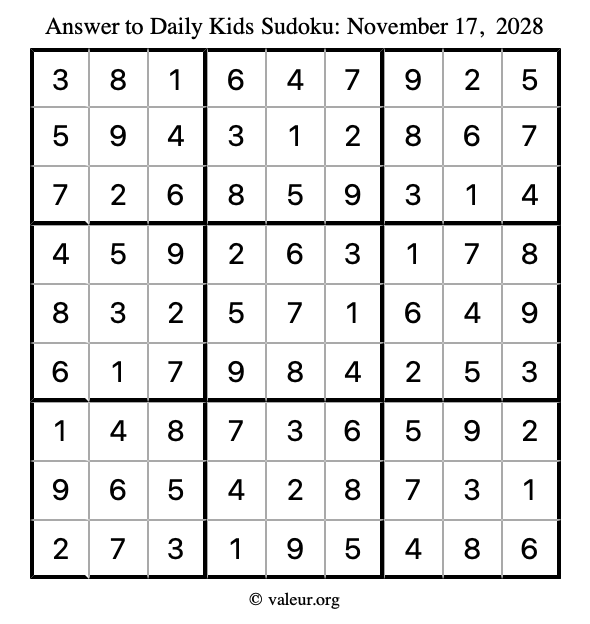 Answer to kids sudoku November 17, 2028