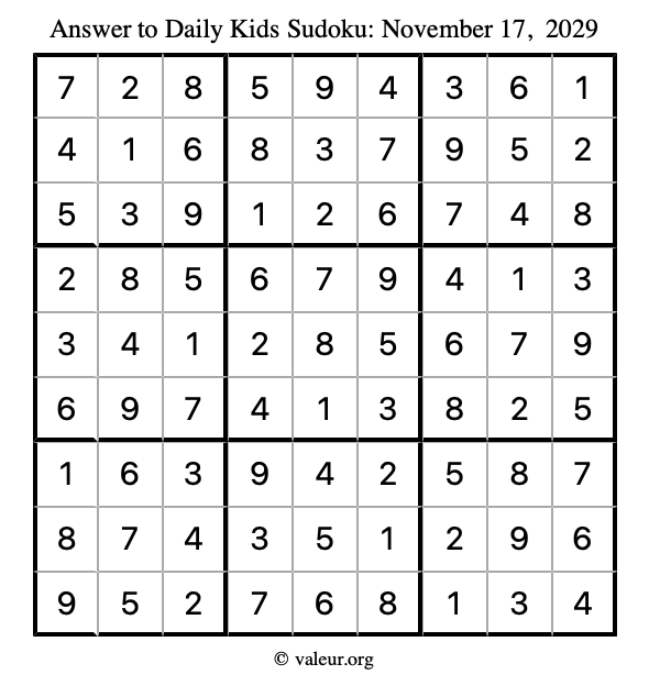Answer to kids sudoku November 17, 2029