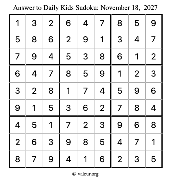 Answer to kids sudoku November 18, 2027