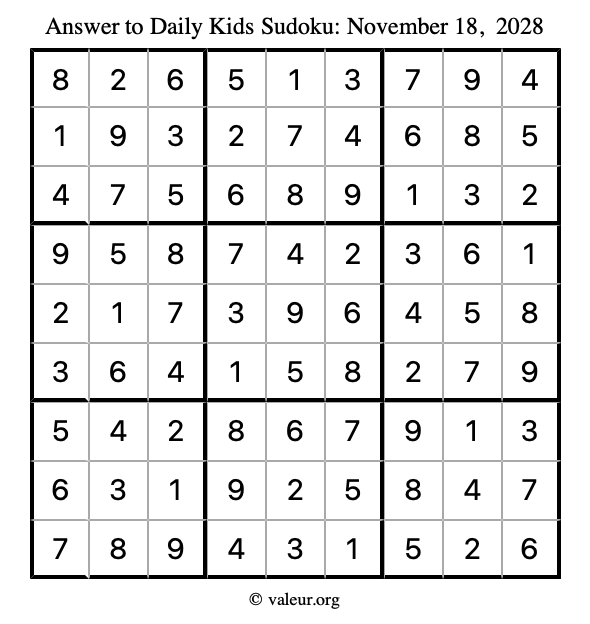 Answer to kids sudoku November 18, 2028