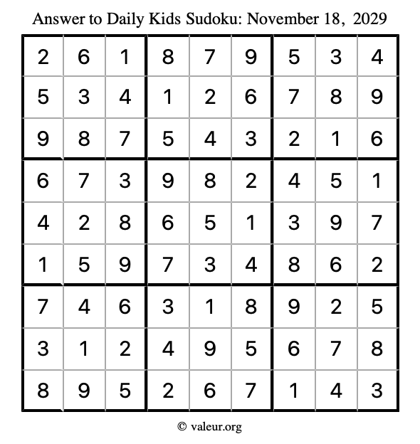 Answer to kids sudoku November 18, 2029