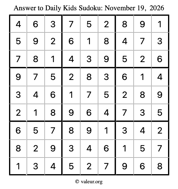 Answer to kids sudoku November 19, 2026