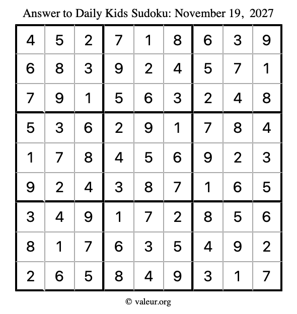 Answer to kids sudoku November 19, 2027
