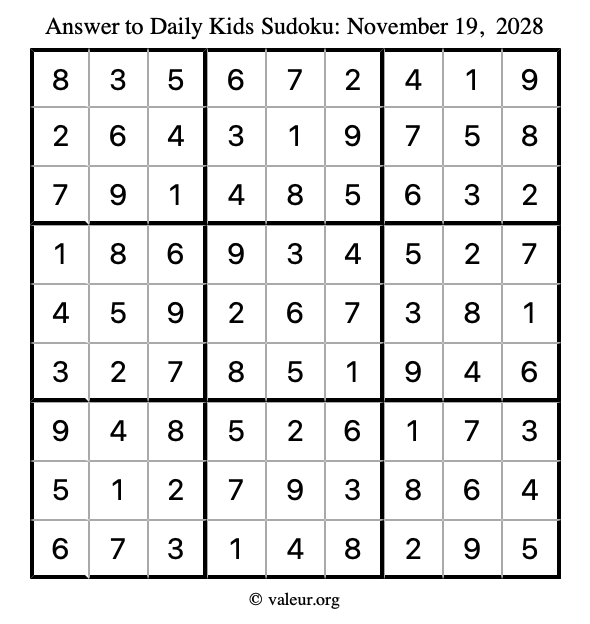 Answer to kids sudoku November 19, 2028