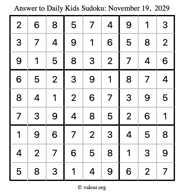 Answer to kids sudoku November 19, 2029