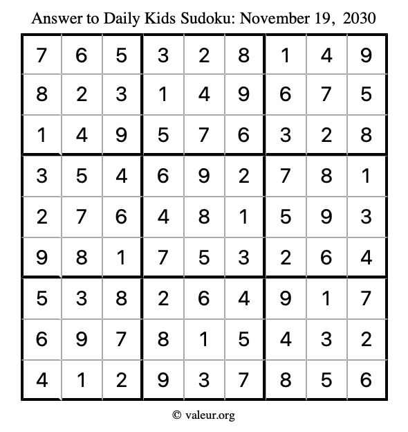 Answer to kids sudoku November 19, 2030